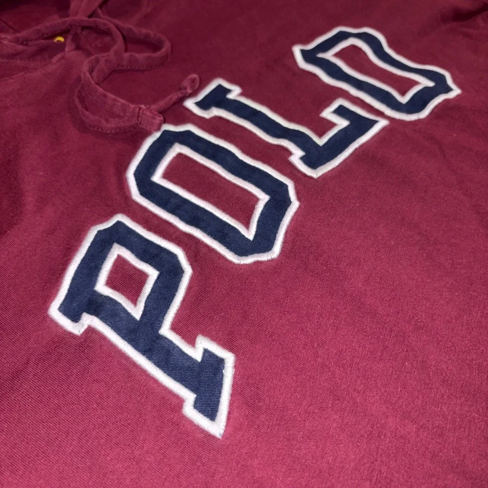 POLO RALPH LAUREN Hooded T-Shirt Mens‎ S Burgundy Long Sleeve Logo Spell Out